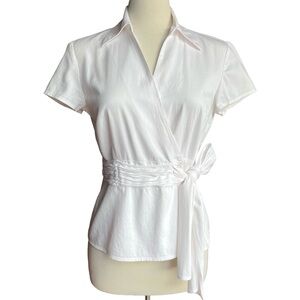 Laura Petites White Wrap Blouse Ruched Tie Waist Top S-M
